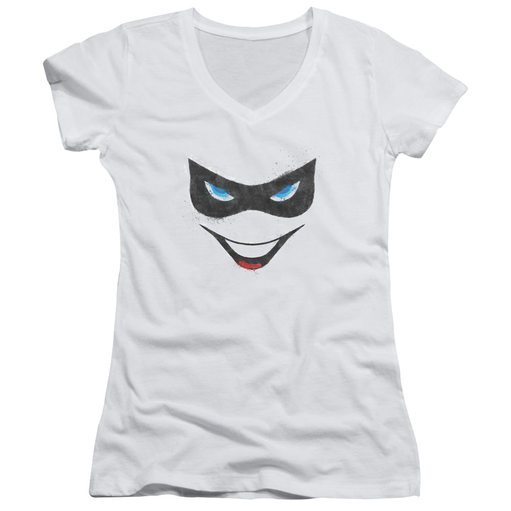 Batman Harley Face Junior Sheer Cap Sleeve V Neck Womens T Shirt White