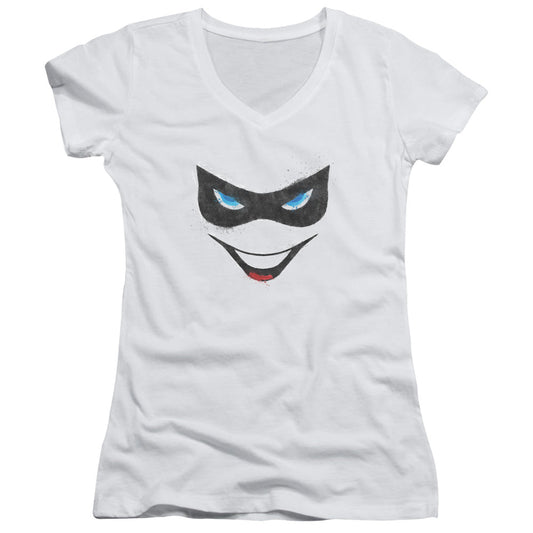 Batman Harley Face Junior Sheer Cap Sleeve V Neck Womens T Shirt White