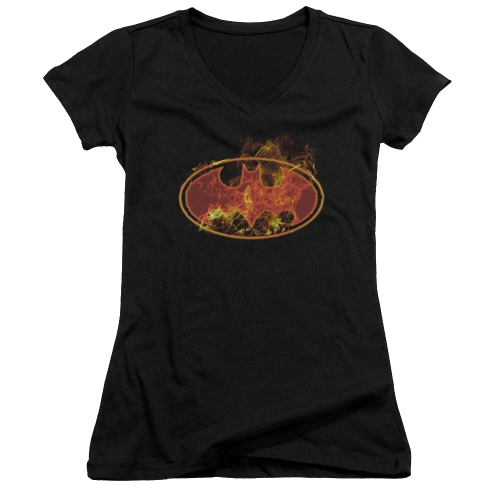 Batman Flames Logo - Juniors V-Neck T-Shirt