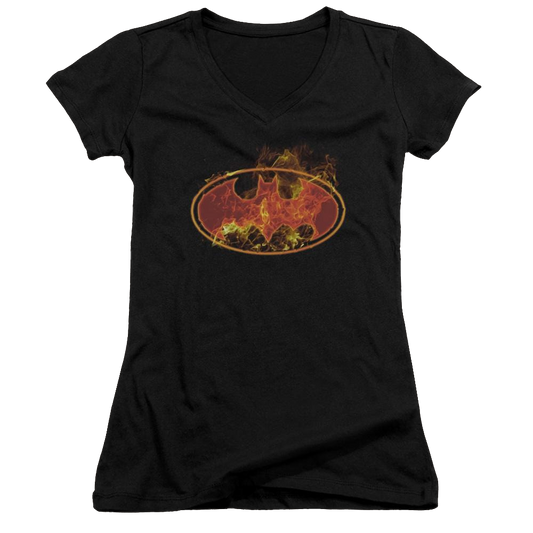 Batman Flames Logo - Juniors V-Neck T-Shirt