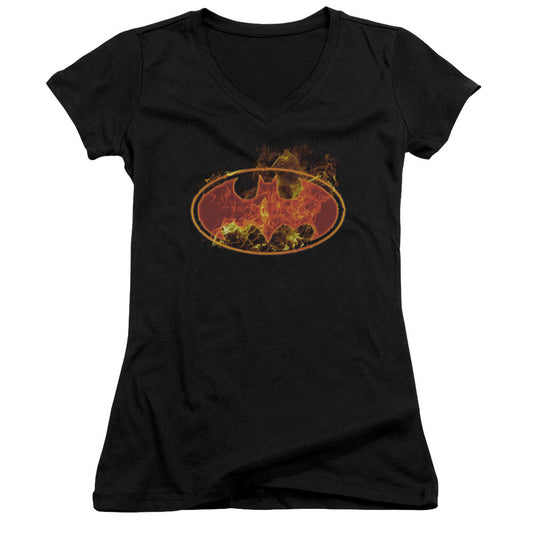 Batman Flames Logo Junior Sheer Cap Sleeve V Neck Womens T Shirt Black
