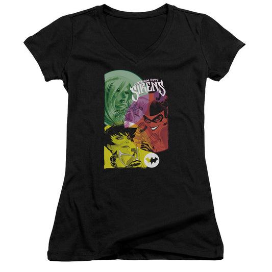 Batman Gotham Sirens Junior Sheer Cap Sleeve V Neck Womens T Shirt Black
