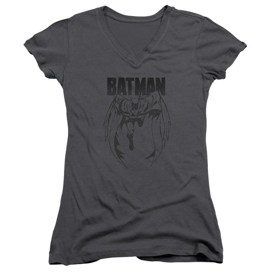 Batman Grey Noise Junior Sheer Cap Sleeve V Neck Womens T Shirt Chracoal