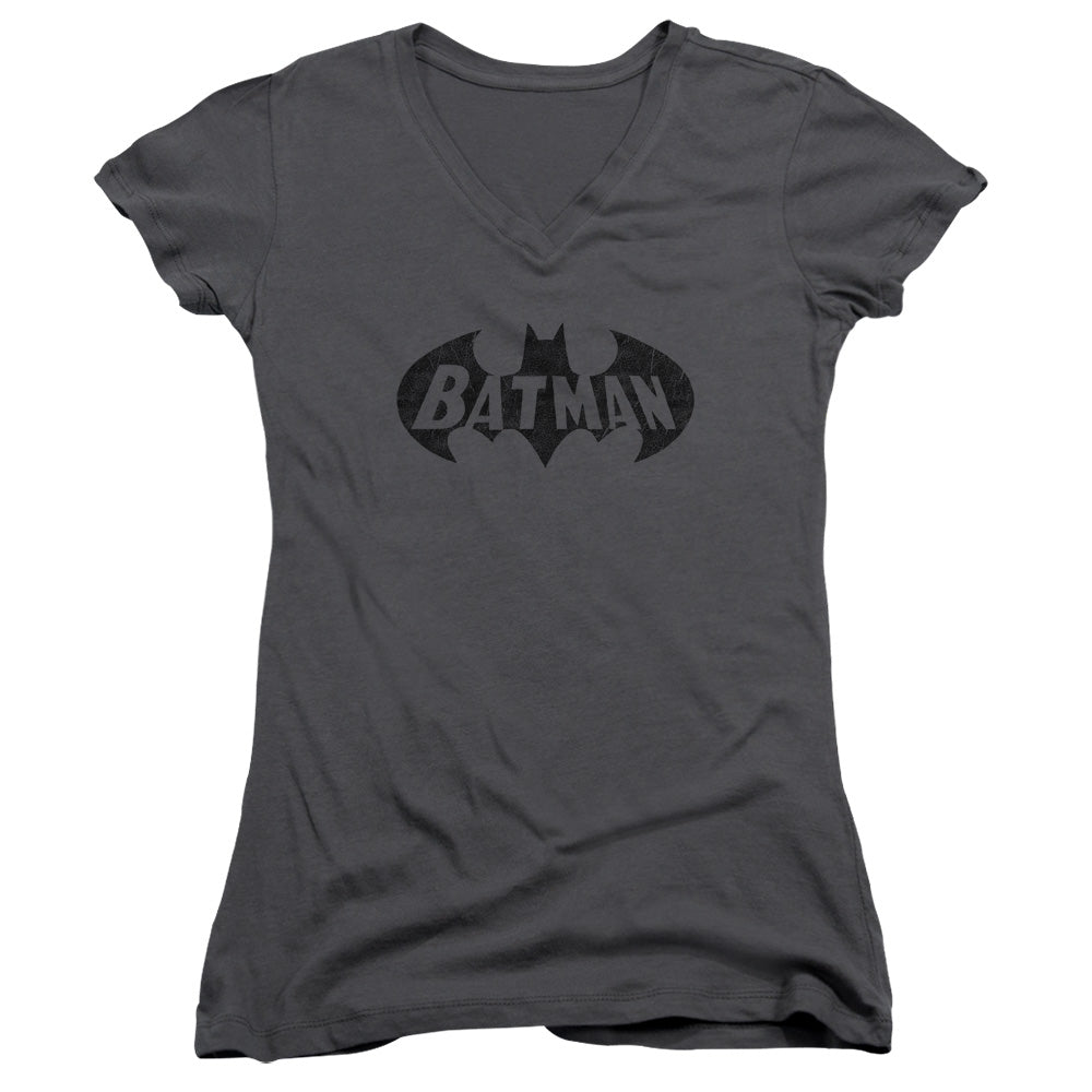 Batman Crackle Bat Junior Sheer Cap Sleeve V Neck Womens T Shirt Chracoal