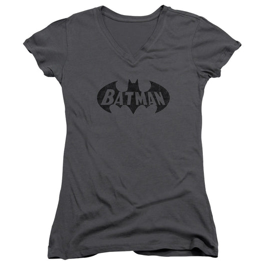 Batman Crackle Bat Junior Sheer Cap Sleeve V Neck Womens T Shirt Chracoal