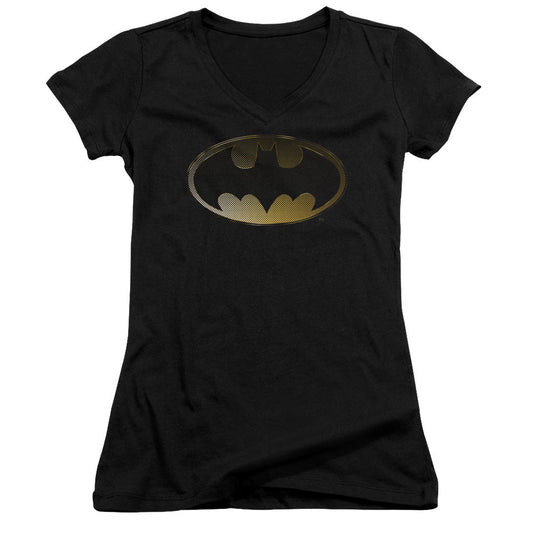 Batman Halftone Bat Junior Sheer Cap Sleeve V Neck Womens T Shirt Black
