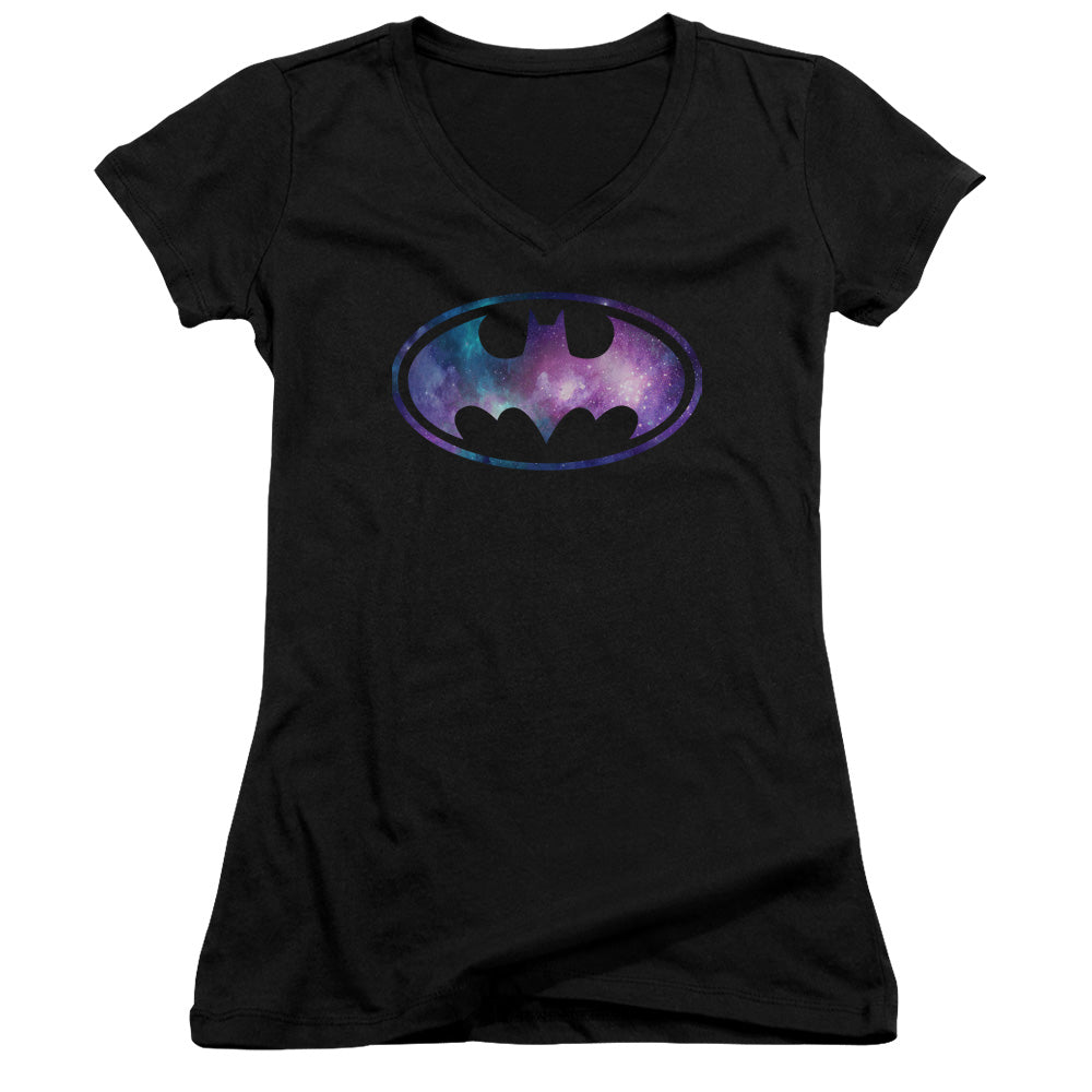 Batman Galaxy Signal Junior Sheer Cap Sleeve V Neck Womens T Shirt Black