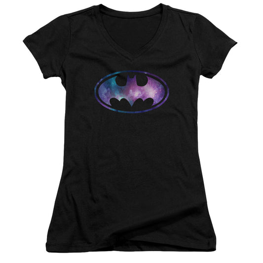 Batman Galaxy Signal Junior Sheer Cap Sleeve V Neck Womens T Shirt Black