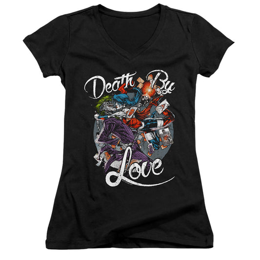 Batman Death By Love Junior Sheer Cap Sleeve V Neck Womens T Shirt Black