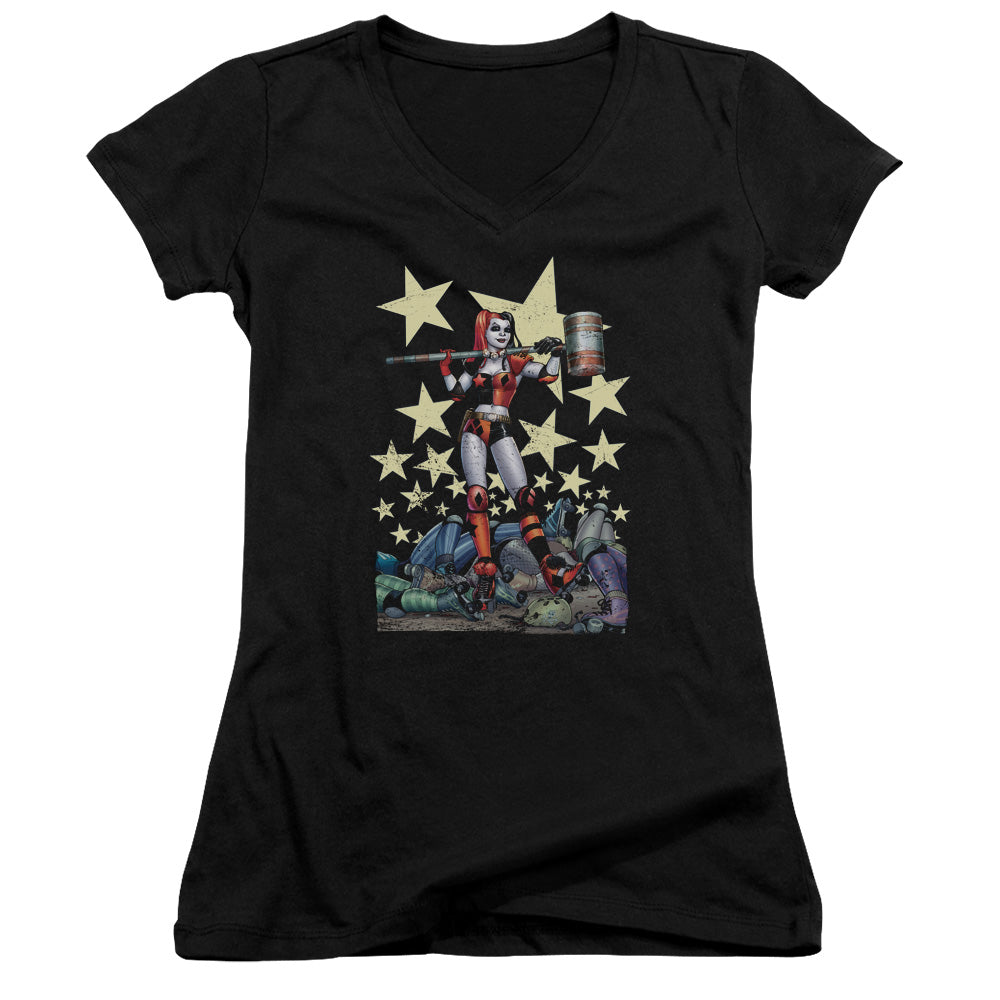 Batman Hammer Time Junior Sheer Cap Sleeve V Neck Womens T Shirt Black