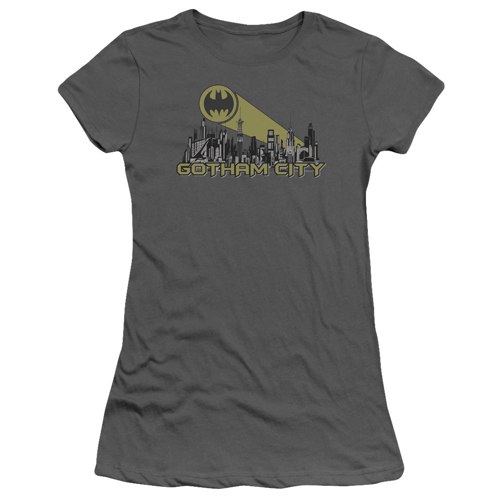 Batman Gotham Skyline Junior Sheer Cap Sleeve Womens T Shirt Charcoal