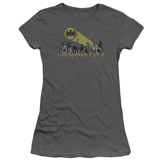 Batman Gotham Skyline Junior Sheer Cap Sleeve Womens T Shirt Charcoal