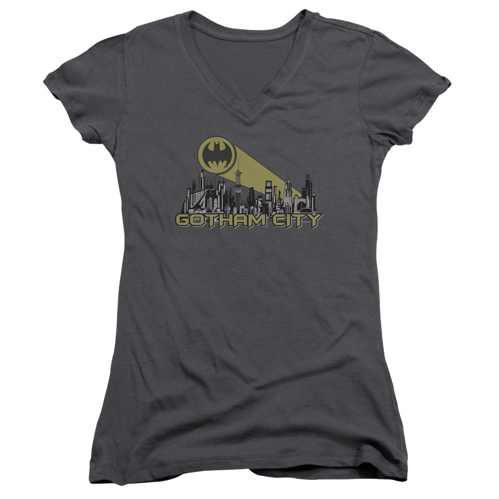 Batman Gotham Skyline Junior Sheer Cap Sleeve V Neck Womens T Shirt Charcoal