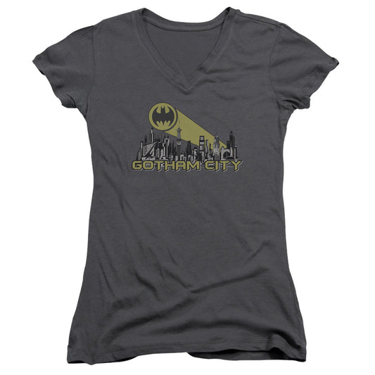 Batman Gotham Skyline Junior Sheer Cap Sleeve V Neck Womens T Shirt Charcoal