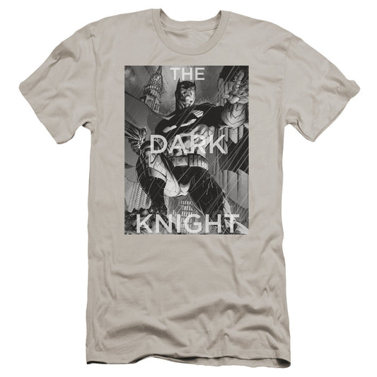 Batman Fighting The Storm Premium Bella Canvas Slim Fit Mens T Shirt Silver