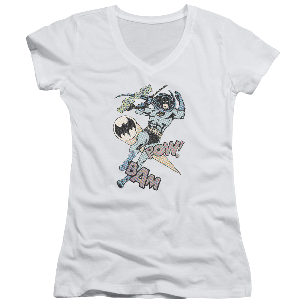 Batman Halftone Swing - Juniors V-Neck T-Shirt