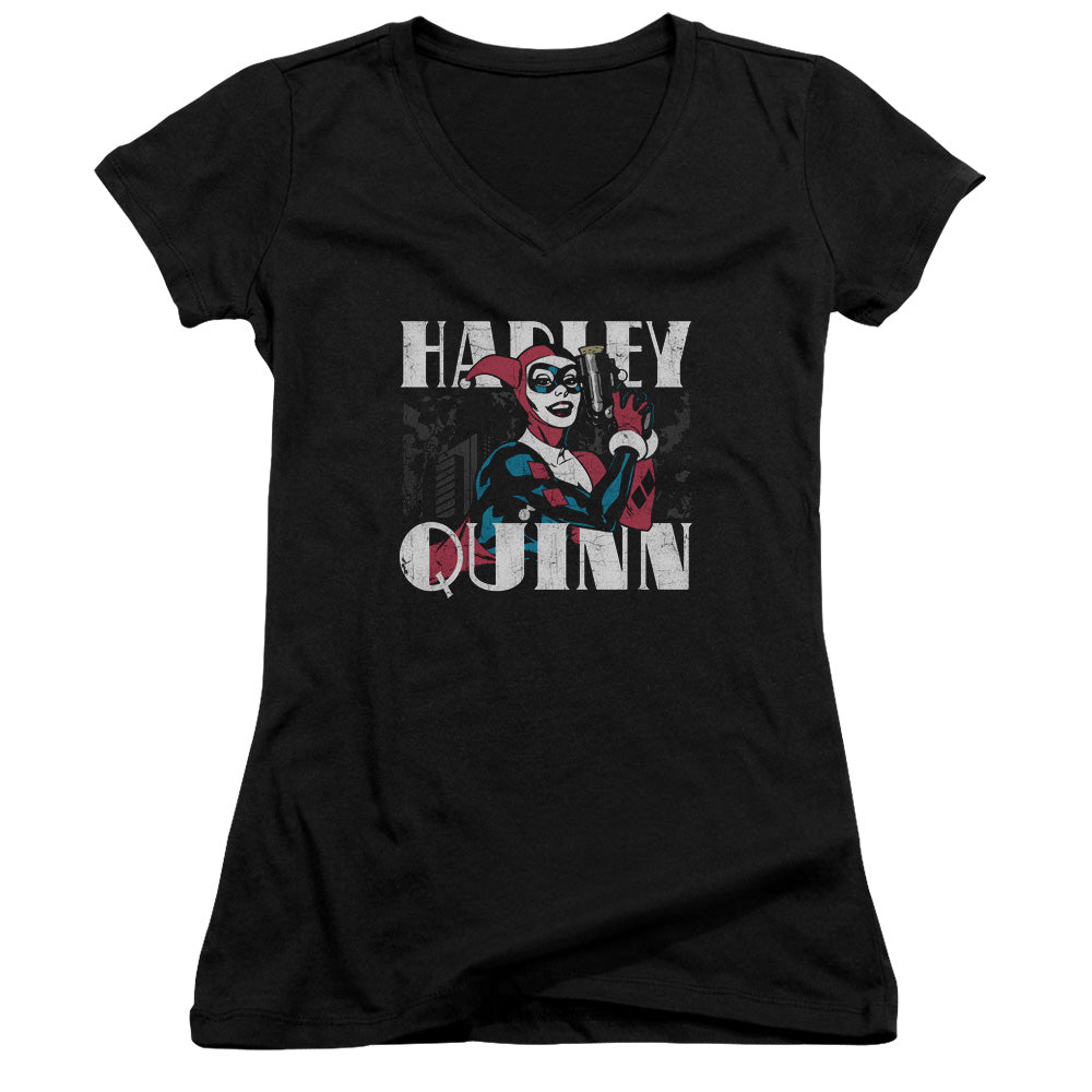 Batman Harley Bold Junior Sheer Cap Sleeve V Neck Womens T Shirt Black