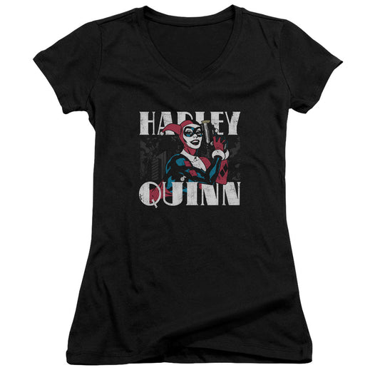 Batman Harley Bold Junior Sheer Cap Sleeve V Neck Womens T Shirt Black