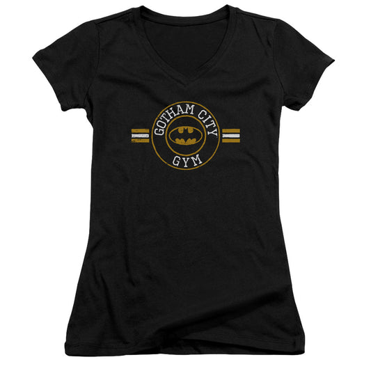 Batman Gotham City Gym Junior Sheer Cap Sleeve V Neck Womens T Shirt Black