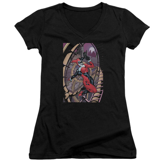 Batman Harley First Junior Sheer Cap Sleeve V Neck Womens T Shirt Black