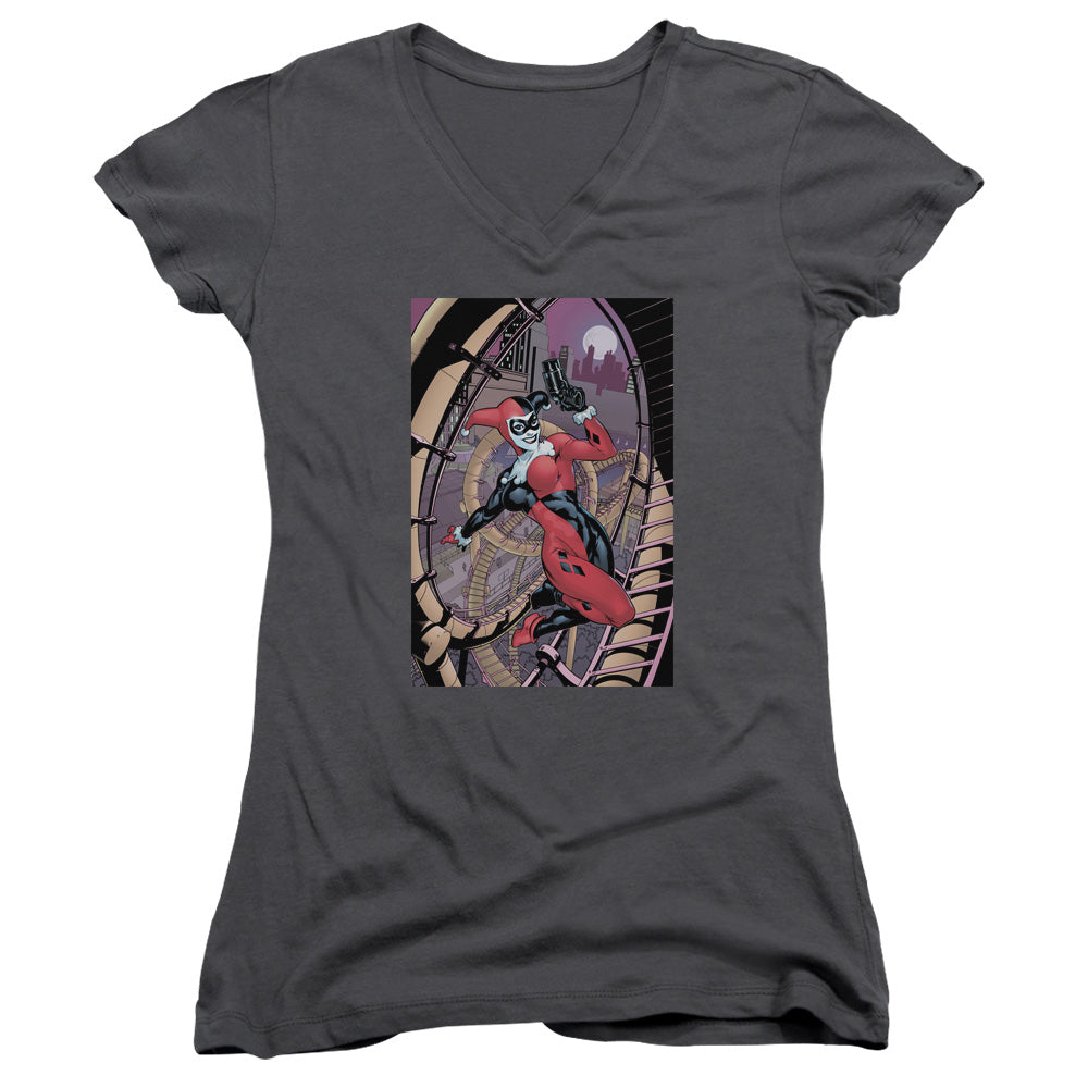 Batman Harley First Junior Sheer Cap Sleeve V Neck Womens T Shirt Charcoal