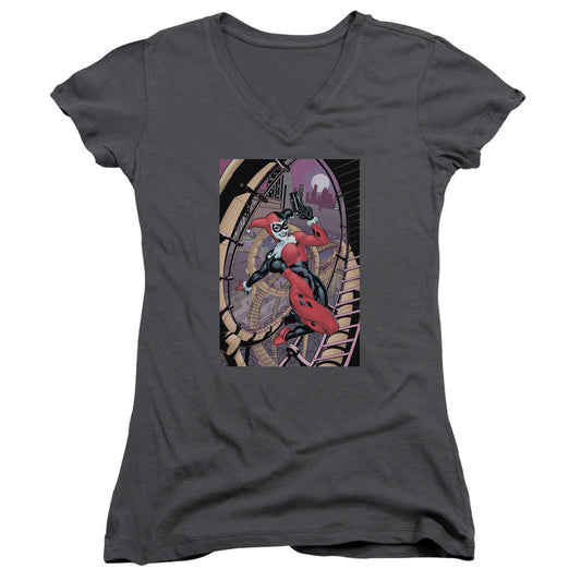Batman Harley First Junior Sheer Cap Sleeve V Neck Womens T Shirt Charcoal