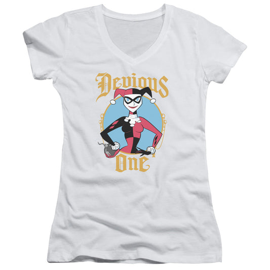 Batman Devious One Junior Sheer Cap Sleeve V Neck Womens T Shirt White