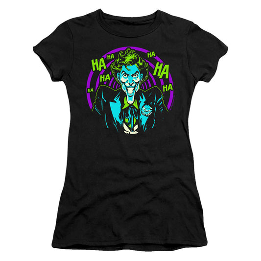 Batman Hahaha Junior Sheer Cap Sleeve Womens T Shirt Black