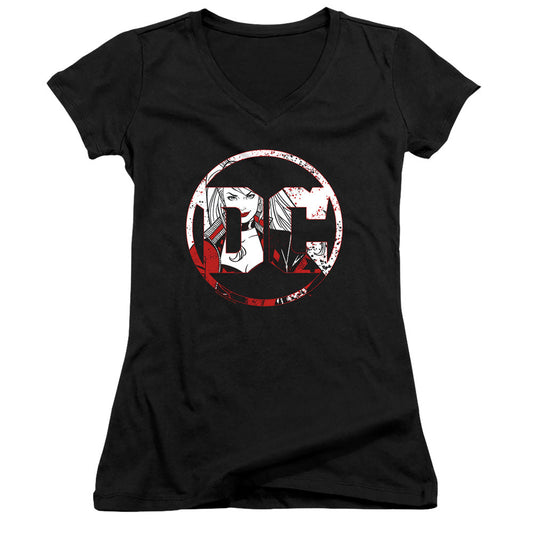 Batman Dc Logo Harley Junior Sheer Cap Sleeve V Neck Womens T Shirt Black
