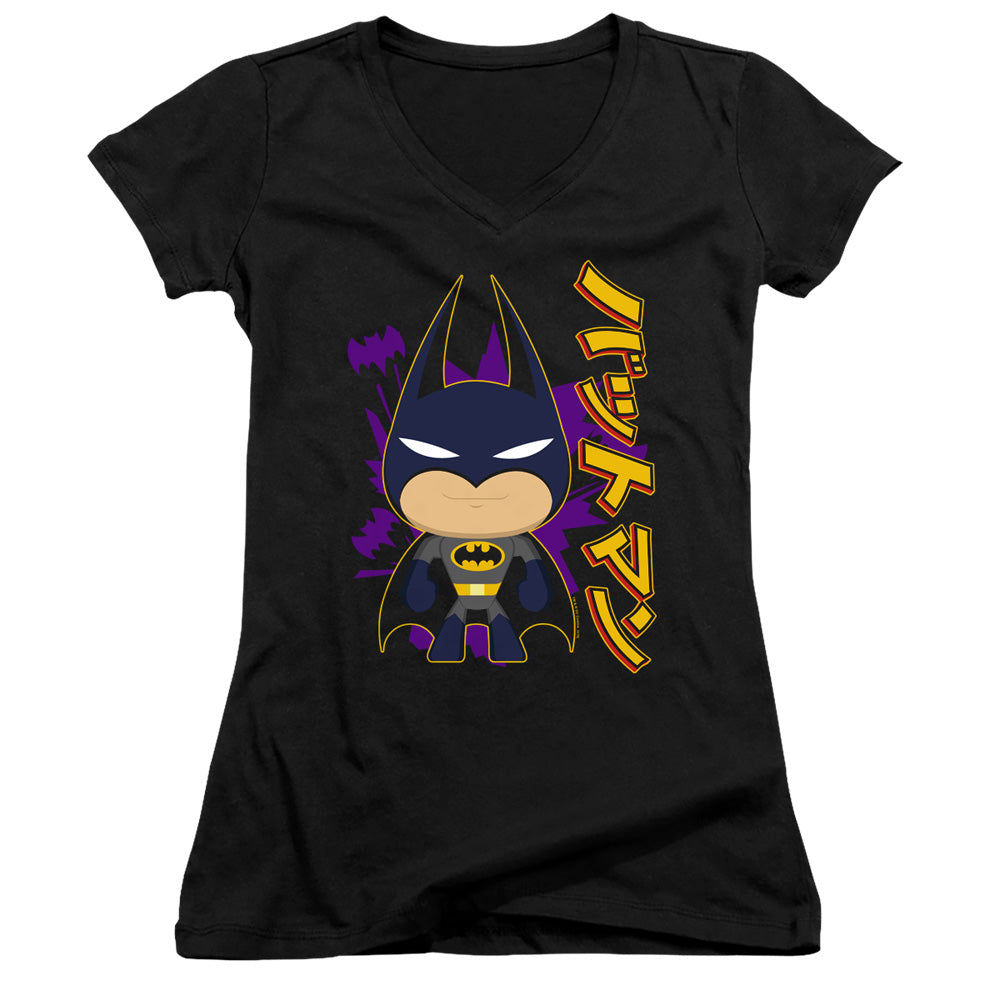 Batman Cute Kanji Junior Sheer Cap Sleeve V Neck Womens T Shirt Black