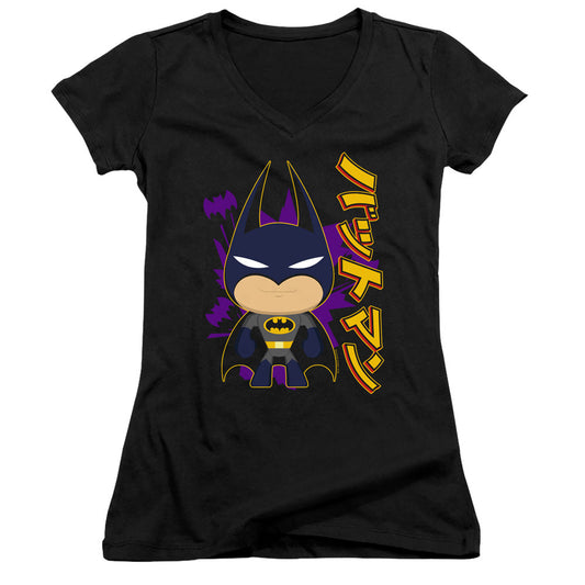 Batman Cute Kanji Junior Sheer Cap Sleeve V Neck Womens T Shirt Black