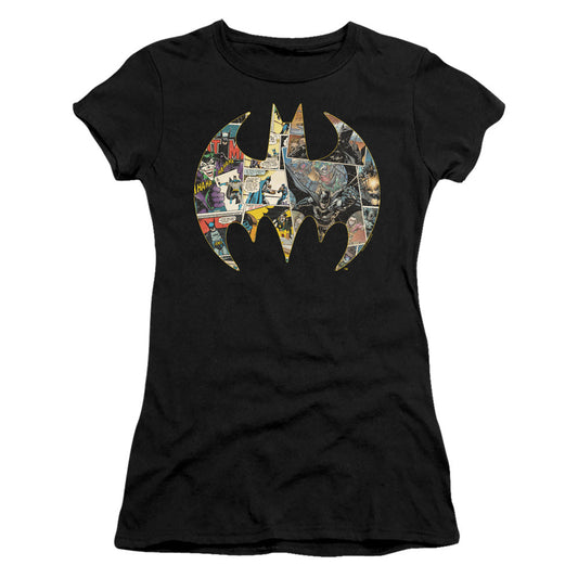 Batman Collage Shield Junior Sheer Cap Sleeve Womens T Shirt Black