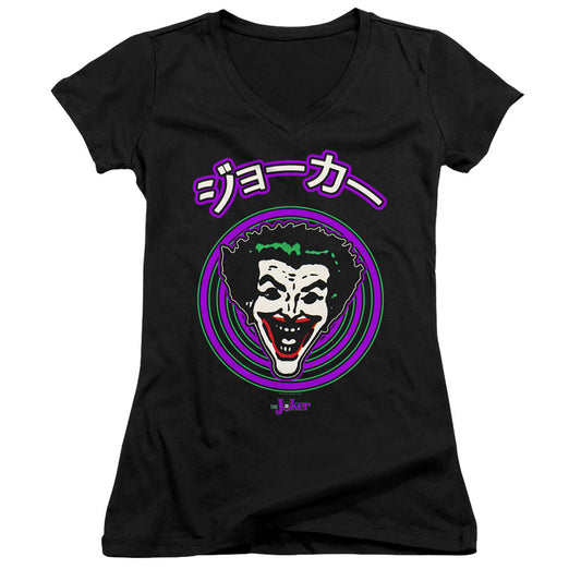 Batman Face Spiral Junior Sheer Cap Sleeve V Neck Womens T Shirt Black
