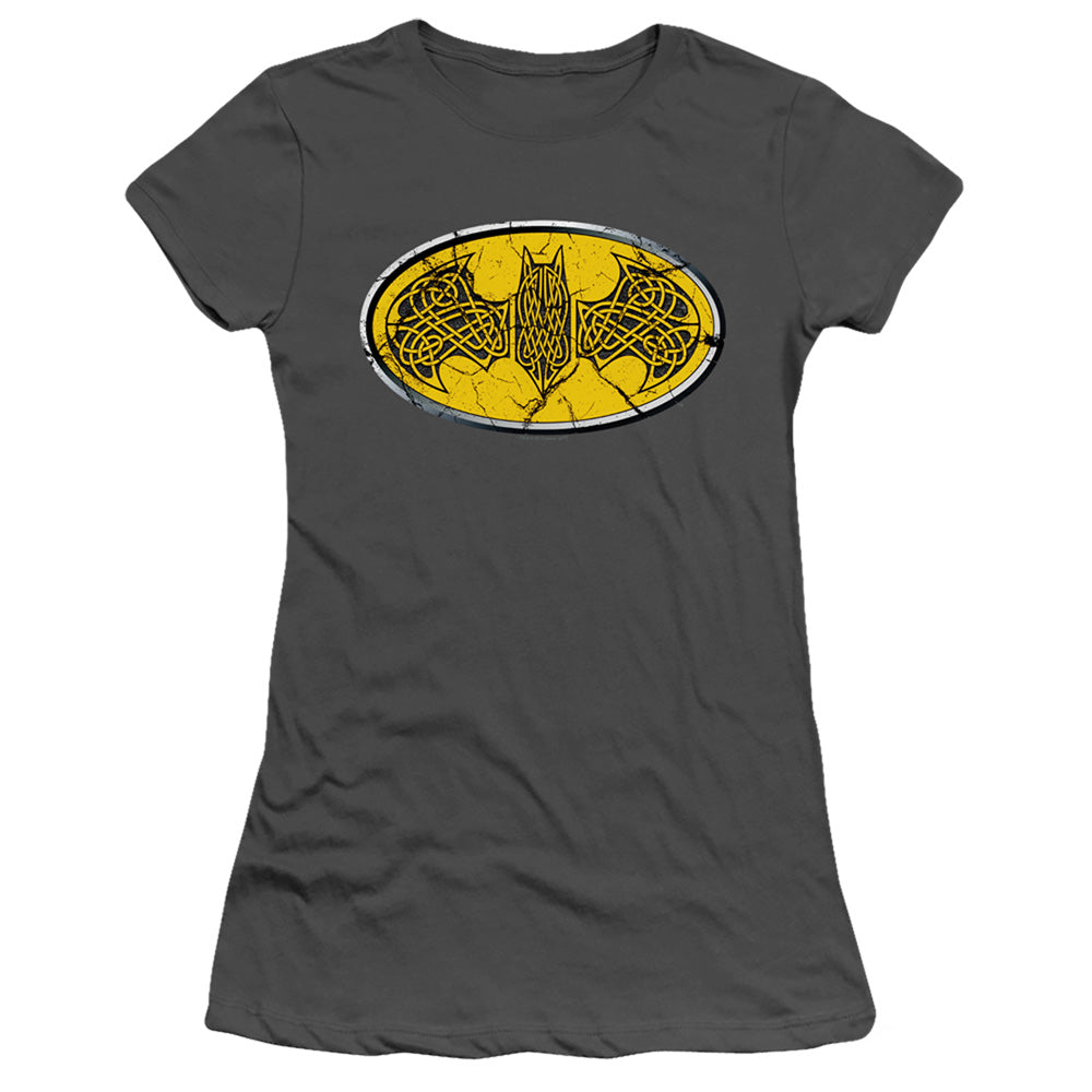 Batman Celtic Shield Junior Sheer Cap Sleeve Womens T Shirt Charcoal