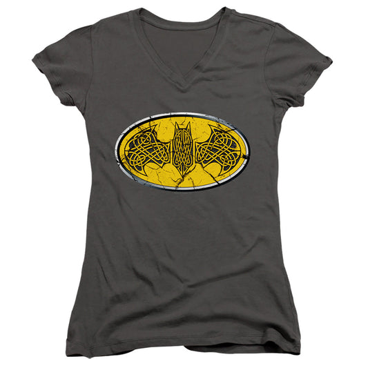 Batman Celtic Shield Junior Sheer Cap Sleeve V Neck Womens T Shirt Charcoal