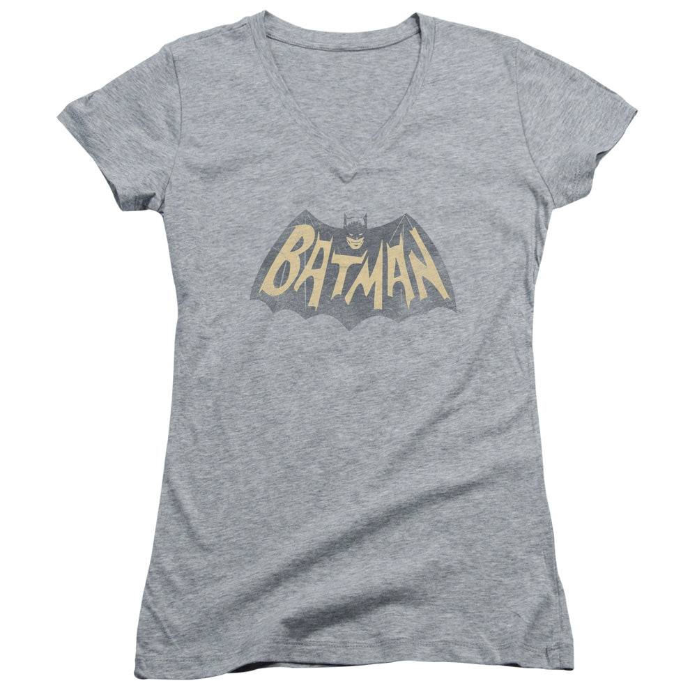 Batman Classic Tv Show Logo Junior Sheer Cap Sleeve V Neck Womens T Shirt Athletic Heather