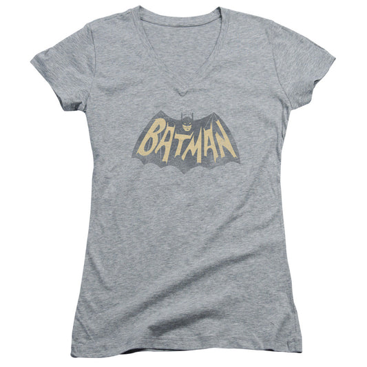 Batman Classic Tv Show Logo Junior Sheer Cap Sleeve V Neck Womens T Shirt Athletic Heather