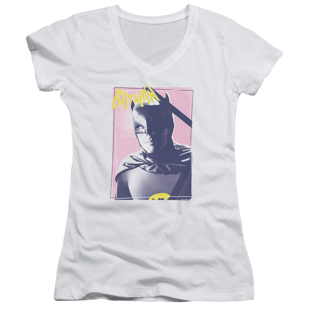 Batman Classic Tv Wayne 80s Junior Sheer Cap Sleeve V Neck Womens T Shirt White