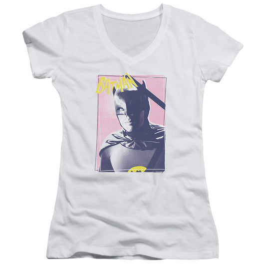 Batman Classic Tv Wayne 80s Junior Sheer Cap Sleeve V Neck Womens T Shirt White