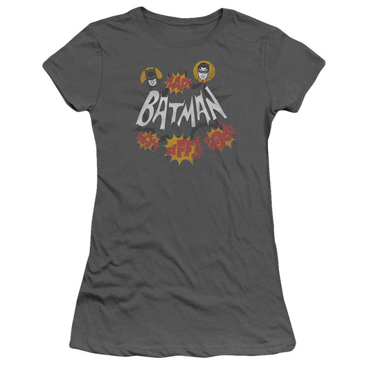 Batman Classic Tv Sound Effects Junior Sheer Cap Sleeve Womens T Shirt Charcoal