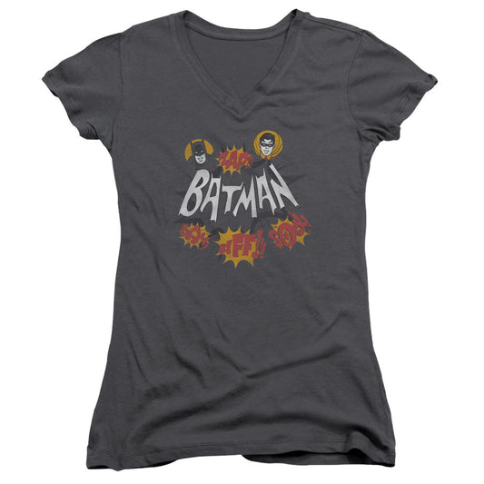 Batman Classic Tv Sound Effects Junior Sheer Cap Sleeve V Neck Womens T Shirt Charcoal