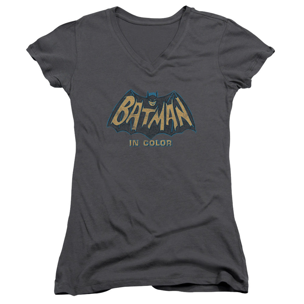 Batman Classic Tv In Color Junior Sheer Cap Sleeve V Neck Womens T Shirt Charcoal