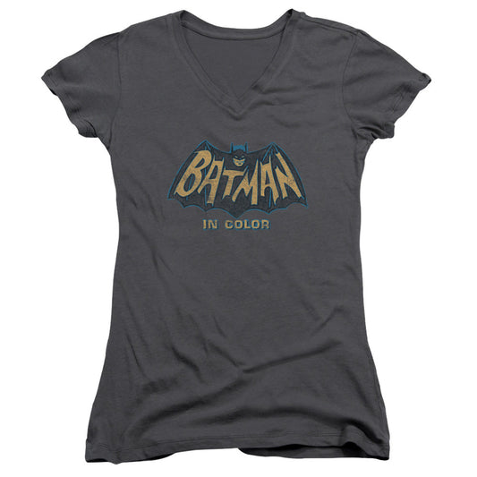 Batman Classic Tv In Color Junior Sheer Cap Sleeve V Neck Womens T Shirt Charcoal