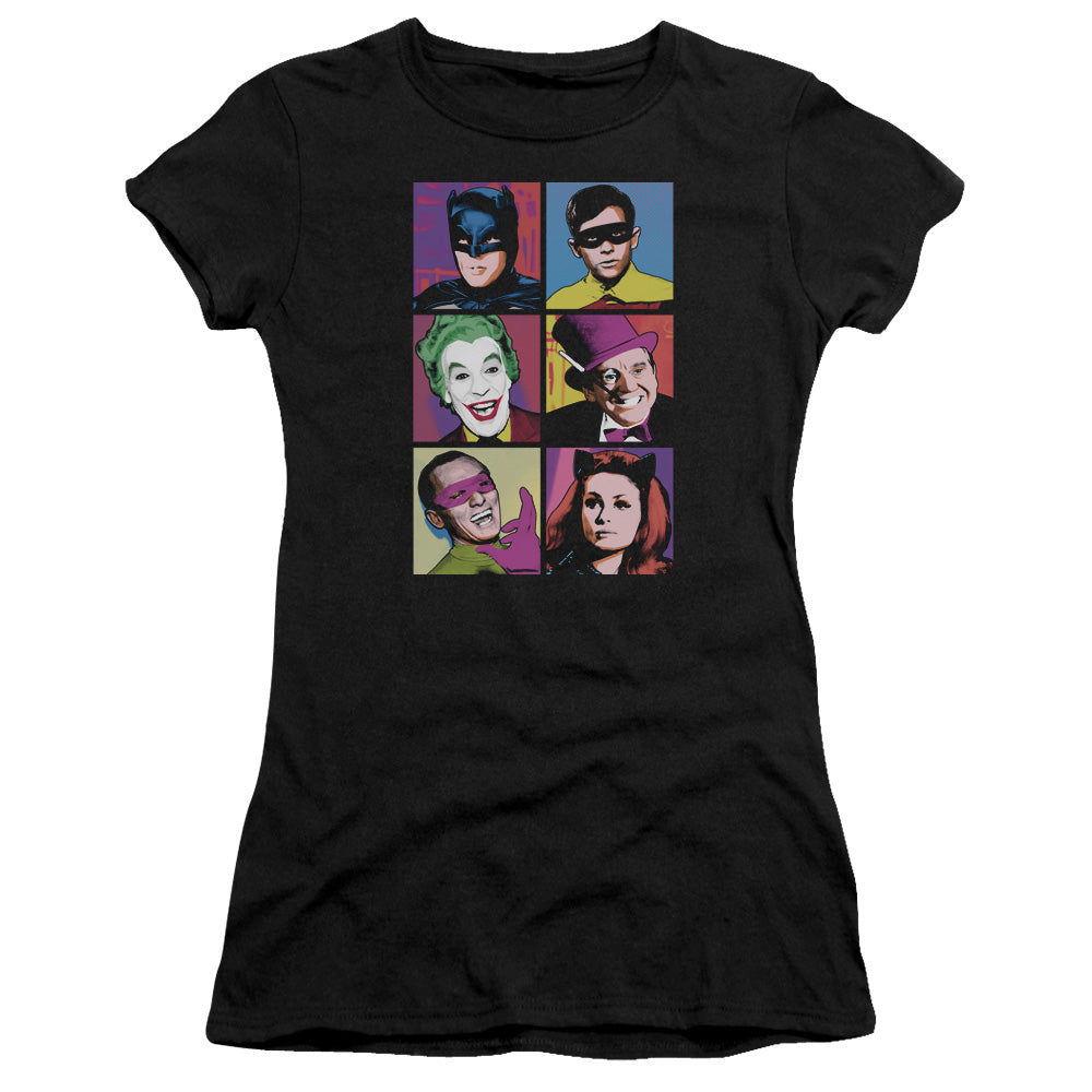 Batman Classic Tv Pop Cast Junior Sheer Cap Sleeve Womens T Shirt Black