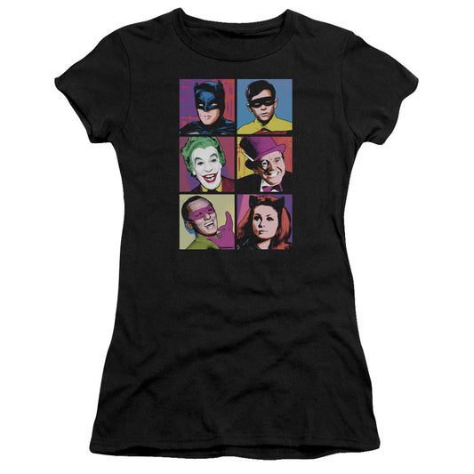 Batman Classic Tv Pop Cast Junior Sheer Cap Sleeve Womens T Shirt Black