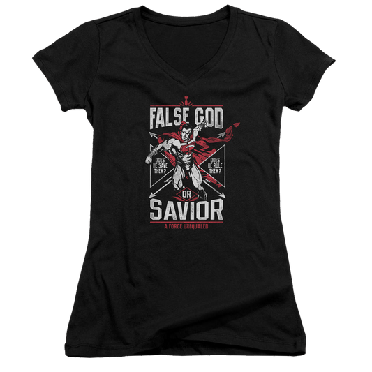 Batman v Superman False God Or Savior - Juniors V-Neck T-Shirt