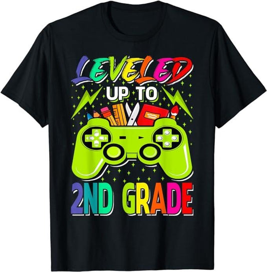 Back To School Shirts, Leveled Up To 2nd Grade Gamer Back To School First Day Boys T-Shirt Cotton Fashion Casual Classic
