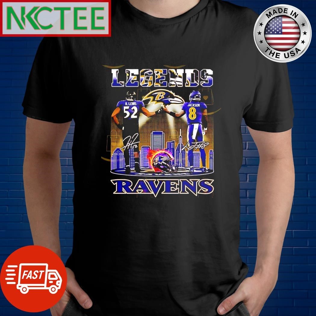 Baltimore Ravens Ray Lewis x Lamar Jackson Legends Signatures skyline helmet signature shirt