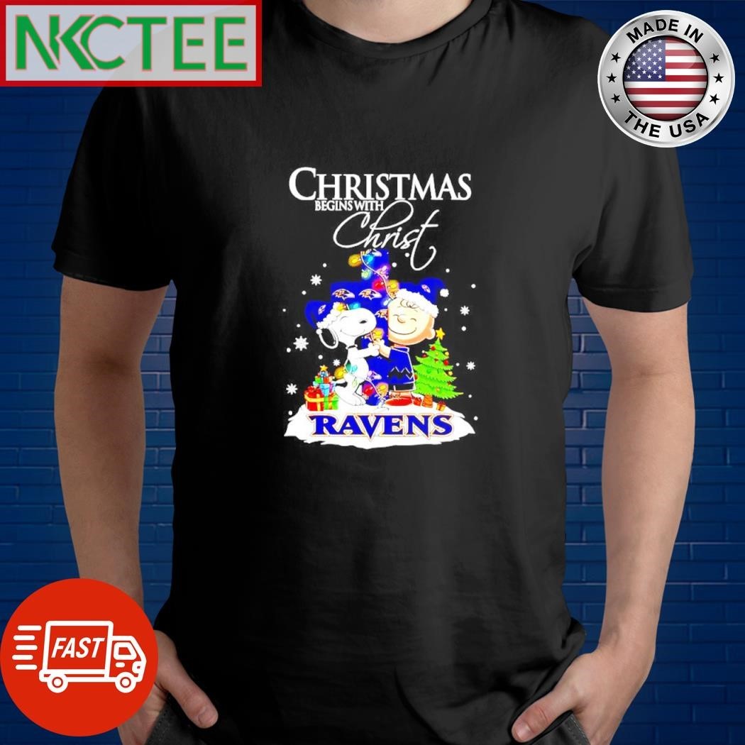 Baltimore Ravens Snoopy Begins With Christ And Friends Peanuts Christmas snows shirt