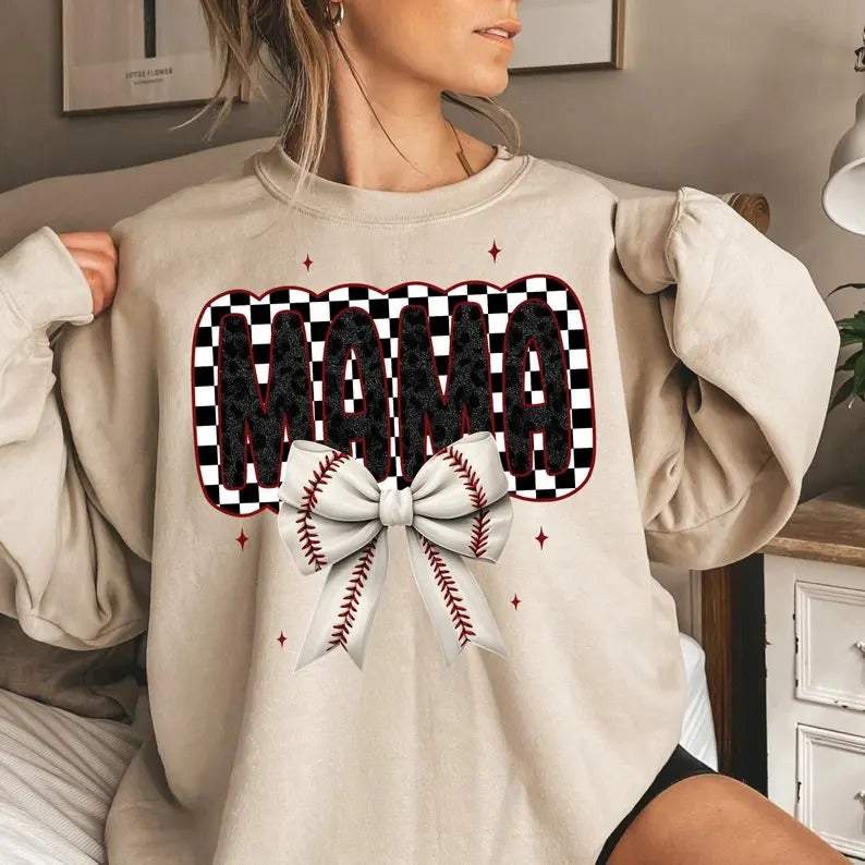 Black Baseball Mama ,  Mama Baseball , Baseball Bow , Trendy, Leopard, Team Spirit, Checkered, Coquette , Game Day Sweatshirt